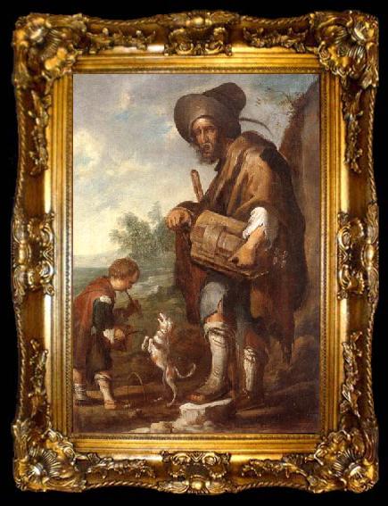 framed  unknow artist A Blind man playing a hurdy-gurdy,together with a young boy playing the drums,with a dancing dog, ta009-2